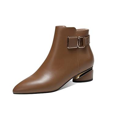 Imagem de TinaCus Bota feminina de couro legítimo de bico fino, feita à mão, salto baixo grosso, zíper lateral, elegante, cano curto, Marrom, 37