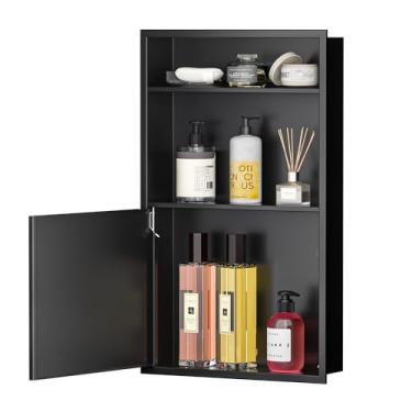 Imagem de Bernkot Armário de remédios embutido com porta 61 cm x 35 cm preto fosco armários de remédios de parede com prateleira de 3 camadas chuveiro nicho de aço inoxidável 304 para armazenamento de banheiro
