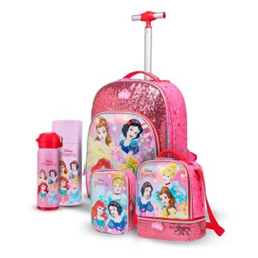 Imagem de Kit Escolar Princesas Clássicas Mochila Rodinha Lancheira Térmica Estojo Duplo Garrafa 480ml Disney-Feminino