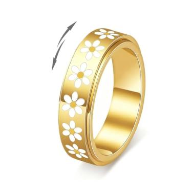 Imagem de Anel Daisy Fidget para alívio da ansiedade, anel giratório banhado a ouro 18 K de aço inoxidável para alívio do estresse, presente atencioso para Páscoa, aniversário, Dia dos Namorados, tamanho 5-10