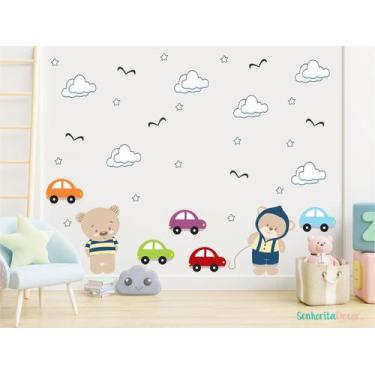 Imagem de adesivo de parede ursos pelúcia carrinhos brinquedos ursinhos cute bab