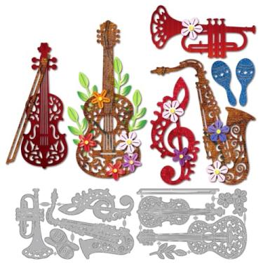 Imagem de MAYJOYDIY Instrumentos musicais, moldes de corte de metal, violino, violão, trompete, clave de agudos, estêncil, flores, folhas, molde de gravação em relevo, para decoração de álbum de recortes de