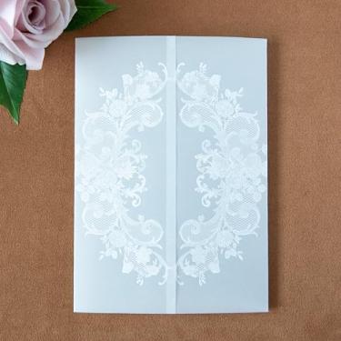 Imagem de ponatia 50 peças de jaquetas de veludo para convites de 13 x 17 cm, envelopes de papel de velino floral de renda 135gsm para casamento/chá de panela, cartões de convite de aniversário de quinze anos
