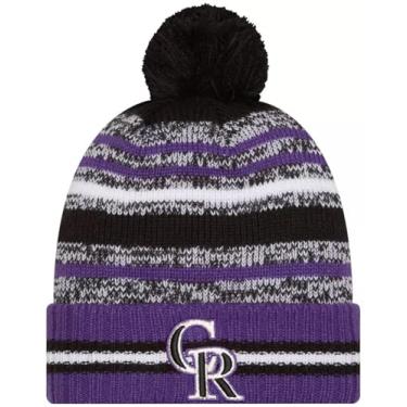 Imagem de New Era Colorado Rockies Onfield Gorro de malha de beisebol listrado roxo listrado com pompom - MLB Cheer Cuff Knit Cap