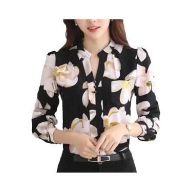 Imagem de Blusa Feminina De Chiffon Manga Longa Slim Fit Com Decote V Estampada 