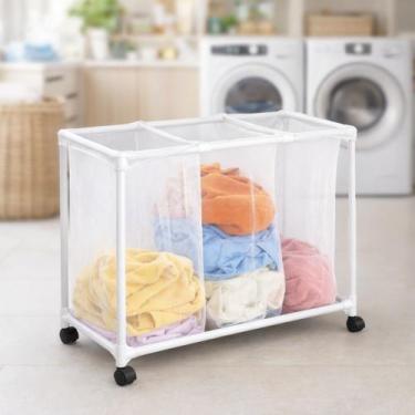 Imagem de Cesto Roupa Suja Carrinho Lavanderia Triplo Com Rodinha Casa - A Casa 