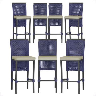 Imagem de 07 Banquetas Em Alumínio Roma Preta Corda Náutica Tecido 7 Azul