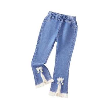 Imagem de Calças Jeans Flare Soltas Para Meninas Com Detalhes Em Renda E Pérolas