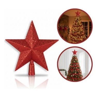 Imagem de Ponteira Estrela Árvore Natal Decoração Glitter Básica 19cm, Vermelho