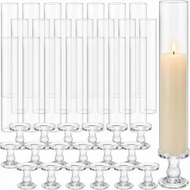 Imagem de Teenyyou Conjunto de 24 castiçais de vidro Hurricane de 32 cm em formato de tubo sem fundo e castiçal transparente de 8,5 cm para mesa de festa de casamento (novo)