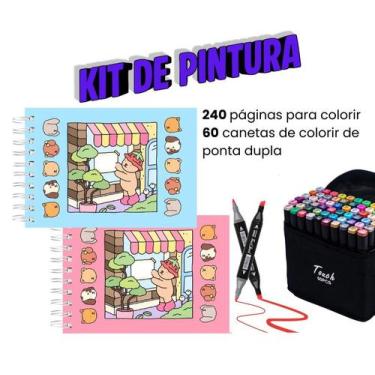 Imagem de Conjunto de 60 canetas para colorir ponta dupla + 2 cadernos de colori