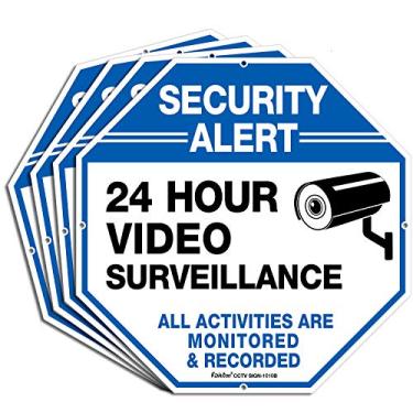 Imagem de (Pacote com 4) Sinais "Alerta de segurança - vigilância de vídeo 24 horas, todas as atividades monitoradas", placa de aviso refletiva de alumínio 25,4 x 25,4 cm 0,040 para câmera de segurança CCTV de negócios em casa, uso interno ou externo, azul