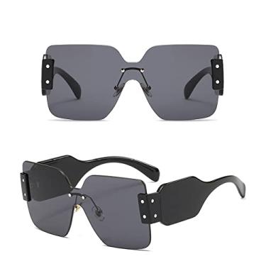 Imagem de Óculos de sol grandes sem aro quadrado retrô feminino designer de luxo lente gradiente de uma peça óculos de sol elegantes para senhoras, preto preto, tamanho único