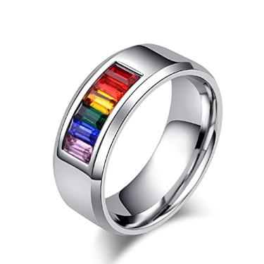 Imagem de Anel gay lésbica com padrão de arco-íris de seis cores, par de alianças de casamento de aço inoxidável e pedra preciosa coral anel unissex de prata esterlina (8, aço)