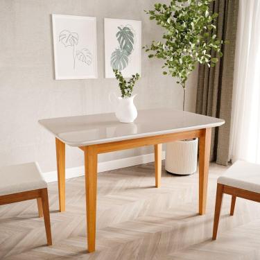 Imagem de Mesa de Jantar 4 Lugares 1,30m Tampo MDF e Vidro Pés Madeira Maciça Tangará CabeCasa MadeiraMadeira Caramarromo/Off White