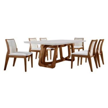 Imagem de Conjunto de Mesa de Jantar Retangular com Tampo de Vidro e 6 Cadeiras Siena Bouclé Off White e Cinamomo Imbuia