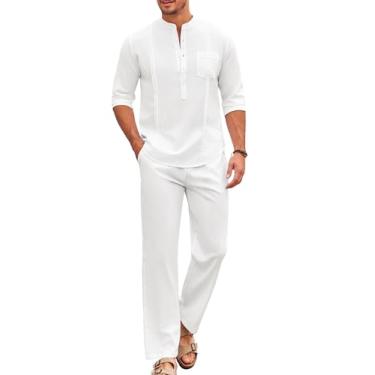 Imagem de COOFANDY Conjunto masculino de 2 peças de linho de algodão casual manga longa Henley conjunto de calças de ioga roupa de praia cubana, Todo branco, 4G