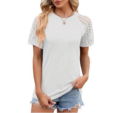 Imagem de Camisetas femininas modernas de renda, manga curta, gola redonda, plissadas, túnica, blusas elegantes para mulheres 2024, Branco, XG
