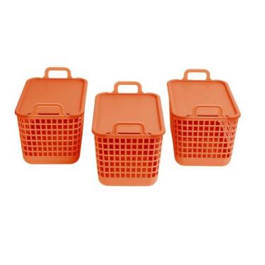 Imagem de Kit 3 cestos telados com tampa e alças de plástico de 15l terracota - 