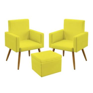 Imagem de 2 Poltronas Vega Almofadada Sem Rodapé Com Puff Quasar Sued Amarelo Ar