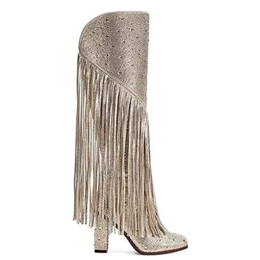 Imagem de Ouepiano Botas femininas de caubói com franja e strass, estilo caubói, bico fino, bloco de salto alto com zíper, botas de cano alto para meninas, festas, encontros, Dourado, 5