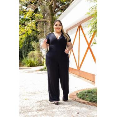 Imagem de Macacão Plus Size Decote em V com Manga e Bolso - luh may, Preto, M