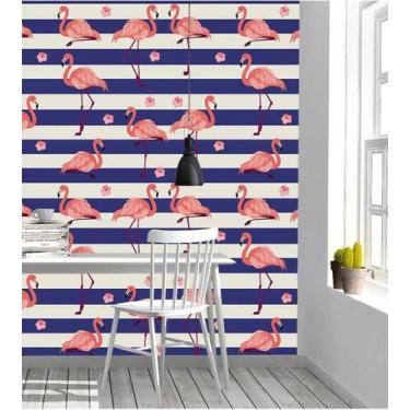 Imagem de Papel de Parede Flamingo com Listras em Azul. - PAPEL E PAREDE ADESIVO