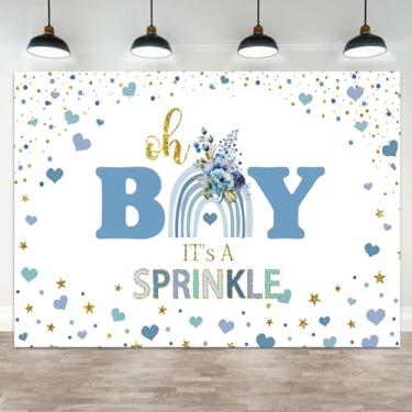 Imagem de ASDCXZ Pano de fundo para chá de bebê de 2,1 x 1,5 m Oh Boy It'a Sprinkle fundo fotográfico azul arco-íris floral dourado glitter estrelas pontos meninos festa de aniversário banner decorações festas