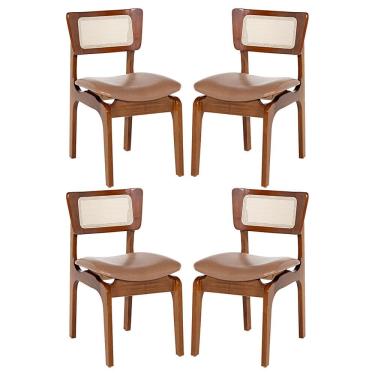Imagem de Kit 4 Cadeiras de Jantar Portugal em Madeira Imbuia com Tela Rattan Impermeável Caramelo L85