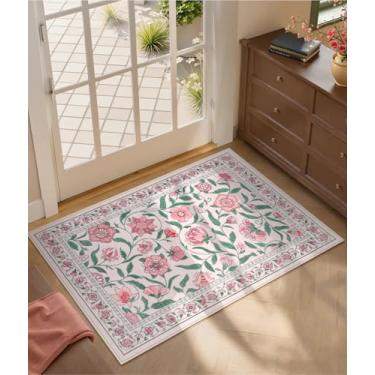 Imagem de Collive Tapetes de entrada laváveis 5 x 7, tapete floral rosa primavera vintage boho tapetes de cozinha antiderrapantes, macio, fofo, moderno, feminino, tapete ultrafino resistente a manchas para