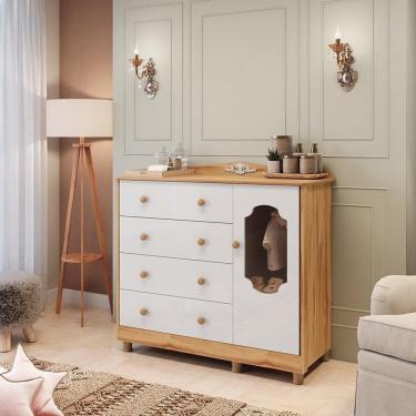 Imagem de Cômoda de Bebê 120,30cm 1 Porta com Janela e 4 Gavetas 100% Mdf Maya Provençal Espresso Móveis Branco Brilho/Amêndoa