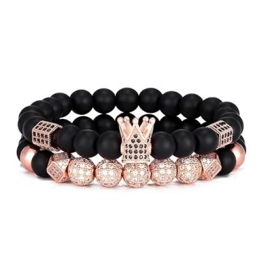 Imagem de TIMFROZ Pulseira masculina com coroa de 8 mm com contas de ônix preto fosco natural para presente de aniversário e aniversário de 19 cm, 7.5", Pedra, Sem Pedra Preciosa