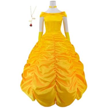 Imagem de Kaziuoi Fantasia de Princesa Bela, Vestido de Bela com Luvas, Colar Amarelo para Festa de Halloween (Amarelo, Pequeno)