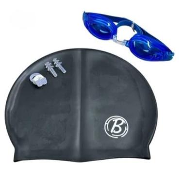 Imagem de Kit Natação Touca de Natação e Óculos de Natação com protetor de ouvido(touca preta e oculos azul)