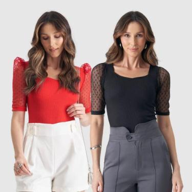 Imagem de Kit 2 Body Canelado Manga Curta Bufante Tule Poa Verão Top - Swisz, Pr