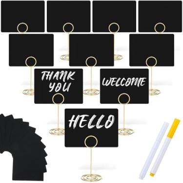 Imagem de TecUnite Pacote com 12 mini placas de quadro-negro, etiqueta pequena de quadro-negro de 10 x 7,6 cm com suporte de metal, 2 giz à base de água para buffet de comida, placas de lousa de mesa para