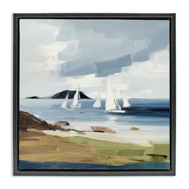 Imagem de Stupell Industries Tela flutuante preta Sea Vessels Near Shore Design de arte de parede por Elara Yasna, 45,7 x 45,7 cm