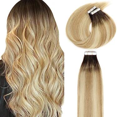 Imagem de Lacer Fita de cabelo em extensões de cabelo natural, cabelo humano, 35,5 cm, fita em extensões de cabelo humano, cor loiro caramelo, descolorante, loiro com raízes castanhas mais escuras, fita de cabelo humano Remy 50 gramas, R#2-27/613