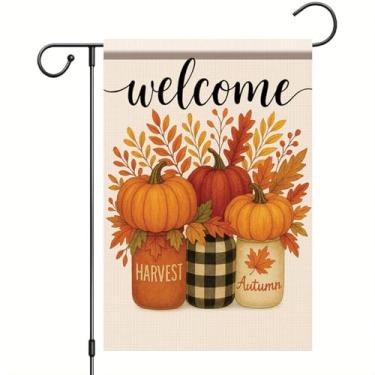 Imagem de Starlit Patio 30,5 x 45,7 cm Bem-vindo outono jardim bandeira outono folhas de abóbora decoração ao ar livre colheita sazonal Dia de Ação de Graças Mason Jar bandeira pequena dupla face para decoração