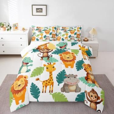 Imagem de Erosebridal Jogo de cama solteiro com estampa de tigre e girafa de leão, hipopótamo, macaco, para decoração de quarto de meninos, meninas, adolescentes, estilo desenho animado de animais zoológicos