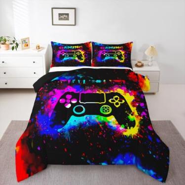 Imagem de Jogo de cama solteiro colorido para jogos, decoração de quarto de adolescentes, moderno, conjunto de edredom com console de jogos, respirável, macio, leve, microfibra, joystick feminino e masculino
