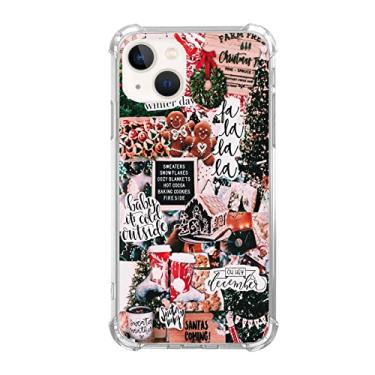 Imagem de Capa de colagem de férias de Natal de inverno para iPhone 14 Plus, capa com padrão de árvore e biscoito de gengibre de Natal com estética retrô para meninas e homens, capa amortecedora de TPU moderna exclusiva para iPhone 14 Plus