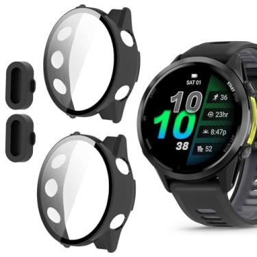 Imagem de Capa compatível com Garmin Forerunner 970 com plugue de poeira, capa rígida de PC Lamshaw com protetor de tela de vidro temperado com plugue de silicone antipoeira compatível com Garmin Forerunner 970