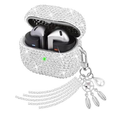 Imagem de Ucharmbead Capa compatível com Samsung Galaxy Buds 3 e Galaxy Buds 3 Pro, capa brilhante de cristal, com cordão brilhante e pingente de chaveiro para mulheres (apanhador de sonhos prateado)