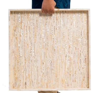 Imagem de PEMAR Bandeja quadrada extragrande de madrepérola para otomana de 50,8 cm com alças de inserção, bandeja decorativa de madeira de luxo grande para alimentos, mesa de café, café da manhã na cama (creme