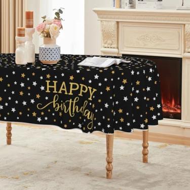Imagem de Horaldaily Toalha de mesa preta de feliz aniversário 152 x 213 cm, oval com estampa de estrela dourada para decoração de aniversário, artigos de festa de aniversário