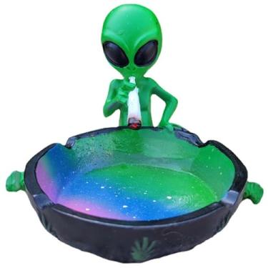 Imagem de Cinzeiro de charuto, cinzeiro para fumar alienígena Halloween engraçado mesa resina multicolorida redonda fantasia excêntrica cinzeiro com borda elevada para escritório em casa (alienígena verde)