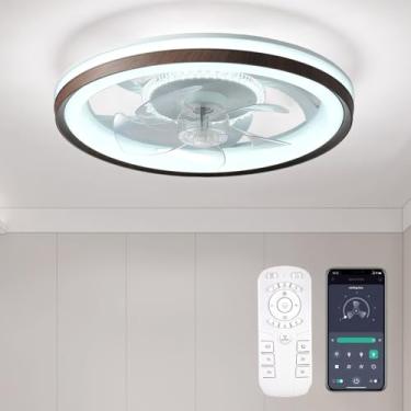 Imagem de FTZVRD Ventilador de teto com luz e controle remoto, montagem embutida de perfil baixo de 48.3 cm, 6 velocidades, motor CC, LED regulável 3000K-6500K, ventilador de teto de nogueira para quarto, sala