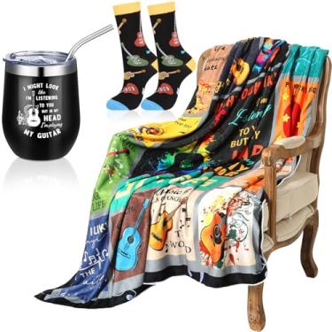Imagem de Patelai 3 peças de presentes femininos para amantes de música de Natal, incluindo cobertor de guitarra de 152 x 127 cm, copo isolado com tampa, meia de palha para Natal, música, terror, filme, amante