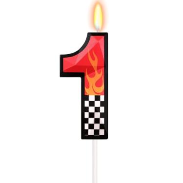 Imagem de FAMGift Vela de aniversário de carro para bolo – Primeira volta ao redor da pista temática número 1 vela aniversário menino, rodas de carro de corrida, decorações de festa